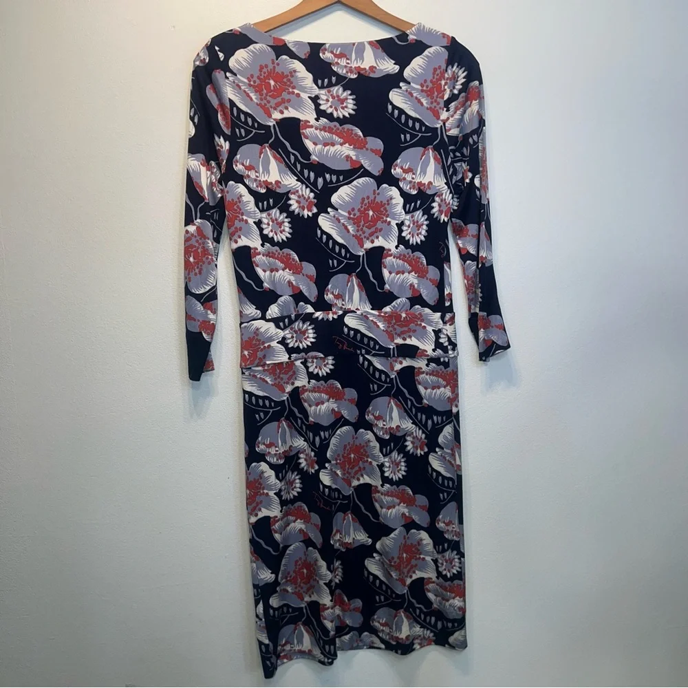 Tory Burch Silk Floral Navy Knee Length Sheath Dress Size Small 3/4 Sleeves